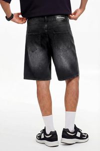 Shorts en jean noir pour homme, tricotés, imprimés, coupe droite, taille mi-haute, en coton délavé, décontractés, pour l'été, avec poches, respirants - Product Image 2
