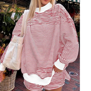 Customized Printed Logo Mid-Weight Casual Women's Tracksuit Shorts Set Striped Mock Neck Sweatshirt Stripes Two Piece Breathable - Product Image 3