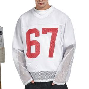 T-shirts personnalisés surdimensionnés en maille polyester pour hommes, maillot de football américain à manches longues, streetwear, haut athlétique graphique, OEM en gros - Product Image 1