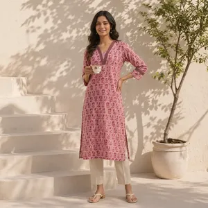 Kurti rose à imprimé floral pour femme, col en V, manches trois quarts, coupe droite, tunique ethnique, décontractée, élégante, confortable, à porter au quotidien - Product Image 1
