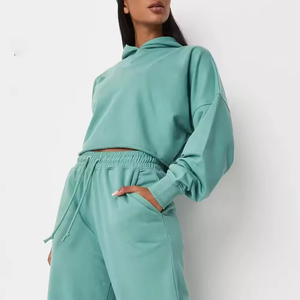 Trendy High Quality Solid Color <b>Custom</b> Zip up Drop Shoulder <b>Balloon</b> Sleeves Oversized Crop Top Hoodie Women - Product Image 2