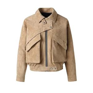Brown <b>Suede</b> Bomber <b>Jacket</b> Full Sleeve Turn-down Collar Zipper Closure Autumn Regular Fit Solid Color Women's <b>Jacket</b> - Product Image 4