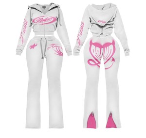 Oem/odm New Trending Vintage Acid Wash Sweatsuit Custom Print Streetwear <b>Zip</b> <b>up</b> Jacket Tracskuit <b>Crop</b> pink Hoodie Set for Women - Product Image 2