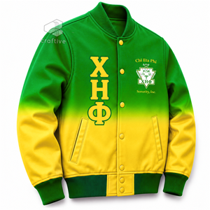 Chaqueta universitaria de satén ombré para mujer Chi Eta Phi con letras griegas bordadas, botones a presión y cuello y puños de punto acanalado, estilo Letterman - Product Image 2