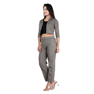 Geometric Print Crepe Crop Upper Women's 2-Piece Set Zipper Regular Fit Full Length <b>Trousers</b> Casual Spring <b>Summer</b> Style - Product Image 1