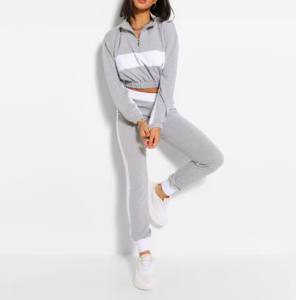 Women's Gray Color Blocking Tracksuit Full Sleeve Half-<b>Zip</b> <b>Hoodie</b> With Side <b>Pockets</b> Casual Spring Wear - Product Image 3