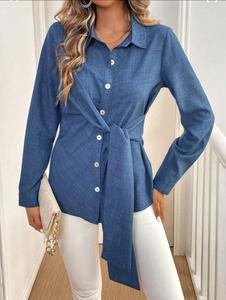Chemisier boutonné pour femme à nouer devant, taille cintrée, en tissu texturé slub - Product Image 3