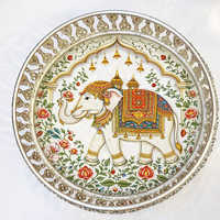 JM INTERNATIONAL Plateau décoratif contemporain en argent allemand et métal indien, motif éléphant Pichwai, pour festivals, Pooja, fêtes et cadeaux