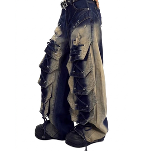 Jean cargo en denim pour homme, coupe ample et oversize, délavé et déchiré, style streetwear, taille haute, patchwork, automne, coton - Product Image 1