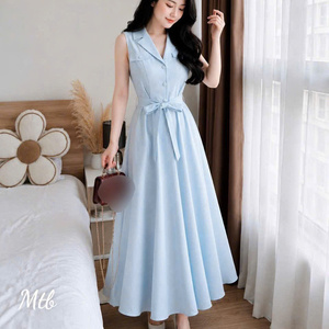 Vestido Maxi de Fiesta para Mujer, de Seda, Sencillo, Elegante, Formal, de Manga Corta, Cuello Polo, Color Sólido, Lavable, Cintura Natural, Cómodo - Product Image 6