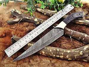 Cuchillo Táctico de Caza de Acero de Damasco Forjado de Alta Resistencia, Cuchillo de Supervivencia para Exteriores con Guarda de Latón Brillante para Camping - Product Image 6