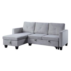 Divano Sezionale Reversibile Nova 82.5'' in Velluto Grigio Chiaro con Chaise Longue Contenitore - Elegante Arredamento per Soggiorno - Product Image 2