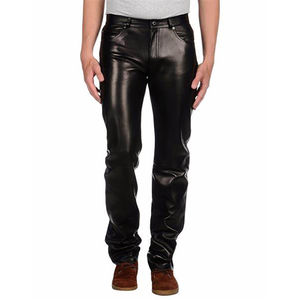 Pantalones de Cuero Negros Ajustados Personalizados para Hombre, Cintura Alta, Estilo Casual Ligero, Teñido Liso Sin Método de Tejido - Product Image 1