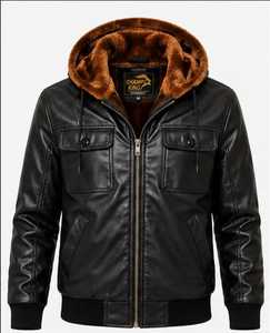 Champ King Men's Black Leather <b>Jacket</b> With Faux <b>Fur</b> Lined <b>Hood</b> Zipper Closure Biker Style - Product Image 1