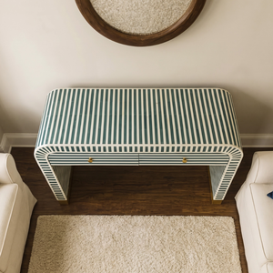 A <b>black</b> and white striped bone inlay <b>console</b> <b>table</b> with brass feet accents, available at wholesale prices Bone Inlay Furniture - Product Image 3