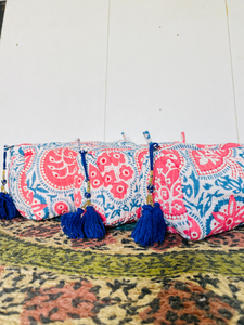Block Printed Toiletry Bag, Cotton Quilted Bag, Toiletry Bag, Elegant Quilted Floral Cosmetic Travel <b>Cases</b>, Toiletry Bags - Product Image 2