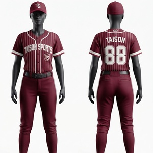 Uniforme de Béisbol Unisex Premium 100% Poliéster 160 GSM con Rayas, Pantalón Corto Borgoña y Blanco, Logotipo Personalizado con Transferencia Térmica, Tallas Grandes - Product Image 1