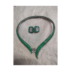 Premium Green Crystal <b>Statement</b> <b>Necklace</b> Set with Earrings for Bridal Wedding and Party Wear - Product Image 1