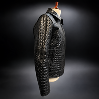 Veste de moto en cuir de crocodile véritable MH, noire, style motard, coupe ajustée, col rond, coupe-vent
