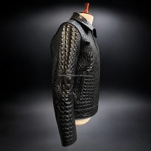 Veste de moto en cuir de crocodile véritable MH, noire, style motard, coupe ajustée, col rond, coupe-vent - Product Image 2