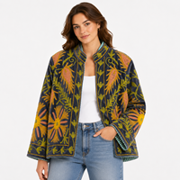 Veste réversible en velours tricoté pour femmes, brodée, matelassée, écologique, col rond, manches régulières, style bohème floral, automne-hiver