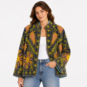 Women Velvet Embroidered <b>Jacket</b> <b>Mandarin</b> <b>Collar</b> Lantern Sleeve Floral Boho Style Autumn Coat Handmade Suzani Pattern - Product Image 1