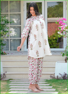 Ensemble coordonné Buti Jaal blanc imprimé à la main, coupe trapèze - Product Image 5