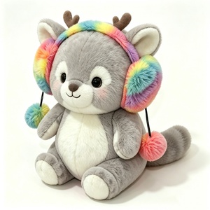 Orejeras de arcoíris personalizadas con diseño de ciervo de peluche, orejeras con pompones de ciervo de peluche, ciervo de peluche gris esponjoso, orejeras de arcoíris pastel de peluche - Product Image 1