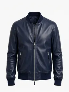 Chaqueta Bomber de Cuero Genuino Azul Marino para Hombre, con Cierre, Cuello Alto, Resistente al Viento, Estilo Casual - Product Image 1