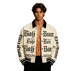 Custom Kornit DTG Printed Unisex Vintage Distressed <b>Gothic</b> Blackletter Print Varsity Bomber <b>Jacket</b> Spring Dark Streetwear - Product Image 3