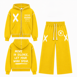 Conjunto de Sudadera con Capucha y Pantalones de Chándal de Felpa 100% Algodón, Estilo Urbano Vintage, Liso, Oversize, con Hombros Caídos, Cremallera y Pedrería - Product Image 1