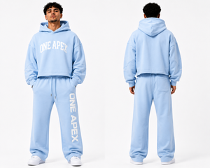 Ensemble survêtement pour homme en coton épais bleu ciel, sweat-shirt à capuche surdimensionné et pantalon de survêtement à jambes larges, vêtements streetwear haut de gamme - Product Image 6