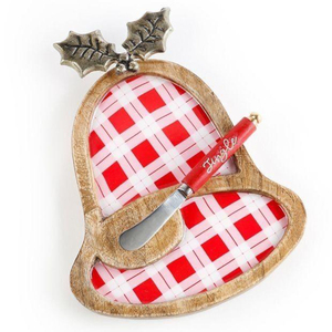 Ensemble de plateaux de service en bois en forme de cloche de Noël personnalisés avec finition émaillée à carreaux rouges et épandeur métallique à clochettes pour les fêtes de fin d'année - Product Image 1