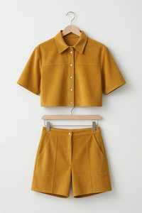 Women's Mustard Yellow 2-Piece Shorts Set Corduroy Short Sleeve Top <b>High</b> Waist Above <b>Knee</b> Shorts Casual Spring Summer Style - Product Image 4