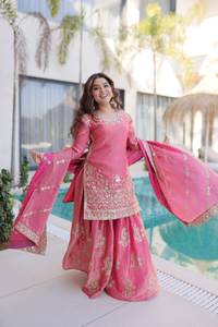 Ensemble Kurti, Sharara Plazzo et Dupatta en tissu doux avec broderie artisanale, longueur genou, spécial Aïd et Ramadan, pour femmes ou filles - Product Image 3
