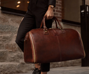 <b>Leather</b> Weekender Duffel <b>Bag</b> Unisex <b>Soft</b> Handle Zipper Closure Travel <b>Bag</b> 36-55L Capacity Durable Polyester Lining - Product Image 5