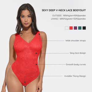 Body sculptant sexy pour femme, moulant, à motif floral, en maille, sans couture, col en V profond, avec dentelle et effet ventre plat - Product Image 3