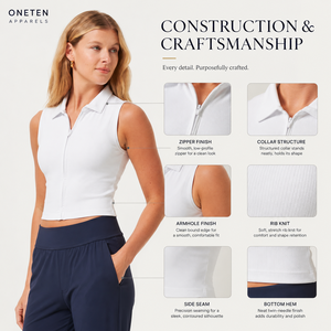 ONETEN APPARELS <b>Women</b> Sleeveless Cropped <b>Polo</b> <b>Shirt</b> Solid <b>White</b> Knitted Polyester Sporty Zipper Front Design - Product Image 5