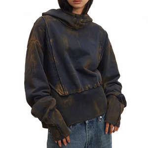 Oversized Crop Hooded <b>Sweatshirt</b> 100% Cotton Knitted Washed Solid Color Unisex Casual Autumn Style Long Sleeve - Product Image 2