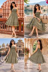 Olive Green Striped Strapless Modern 100% Cotton Summer <b>Dress</b> Shoulder Smocked Midi Sundress Casual Beach <b>Ruffle</b> Holiday - Product Image 3