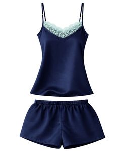 ชุดนอนเซ็กซี่ผ้าซาตินสีน้ำเงินกรมท่า แต่งลูกไม้ สายเดี่ยว กางเกงขาสั้น ชุดนอนผู้หญิง ชุดนอนผ้าไหมนุ่ม ชุดนอนฤดูร้อน ชุดลำลองสองชิ้น - Product Image 1