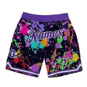 Shorts de basketball authentiques à motif graffiti personnalisé violet-blanc avec éclaboussures 3D, les plus vendus en gros directement de l'industrie - Product Image 1