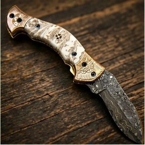 Premium Handmade Damascus Steel Folding Pocket <b>Knife</b> with Engraved <b>Bone</b> <b>Handle</b> Leather Sheath Wholesale Utility A&M ENTERPRISES - Product Image 3