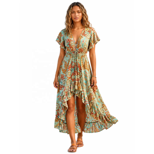 Robe longue trapèze décontractée taille unique en soie tissée, style coréen géométrique Y2K, bohème naturel, motif cachemire indien, manches évasées, taille élastique - Product Image 1