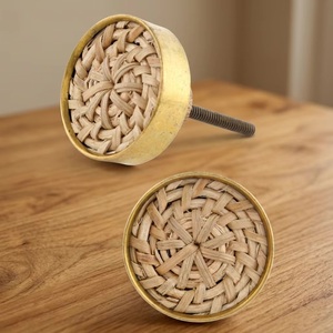 Modern Woven Rattan Brass Cabinet Knobs Round Drawer Handles for Home Office Bathroom Living Room Furniture Eco-Friendly Design - Product Image 1