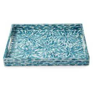 Handmade Rectangular Mother Of Pearl Inlay Serving Tray With <b>Handles</b> Blue Floral Mosaic Design Durable Lacquer Wooden Tray - Product Image 1