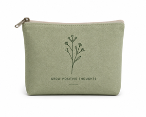 กระเป๋าผ้าแคนวาสแบบมินิมอล สีเขียว ปิดด้วยซิป พิมพ์ลายคำว่า "Grow Positive Thoughts" ใช้สำหรับเดินทาง ใช้ได้ทุกวัน ความจุปานกลาง กระเป๋าใส่เครื่องสำอาง - Product Image 3