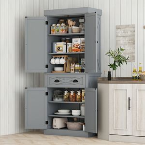 Armoire de cuisine moderne en métal et bois à 4 portes et 2 étagères avec grand tiroir central - Gris - Product Image 2