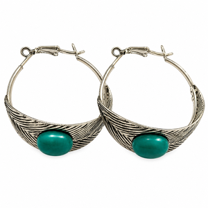 Pendientes de Aro de Latón en Tono Plateado con Piedra Verde Azulado, Joyería Boho Texturizada, Accesorios de Moda al por Mayor - Product Image 1