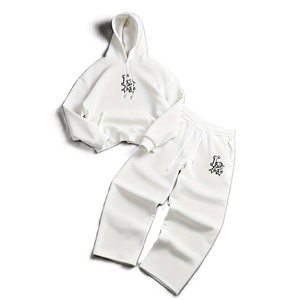 Unisex <b>White</b> Hooded <b>Tracksuit</b> Set Full Sleeve Embroidered Letter Logo Casual Loose Fit Autumn Wear 100% Cotton Drawstring Pants - Product Image 1